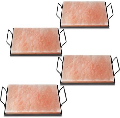 Ansobea 4 set XXL Salzstein zum Grillen, 20x30x3cm Salz Grillsteine Mit Eisenplatte, Original Kristallsalz, Wiederverwendbar Salzgrillstein, Salzplatte zum Grillen für BBQ
