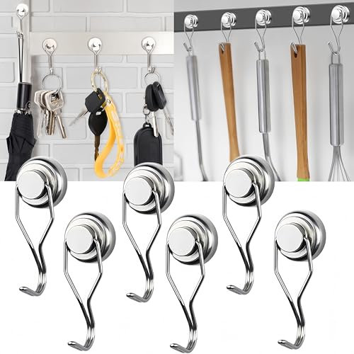 Crochets Magnétiques,Lot de 6 Crochets Magnétiques Argent,Crochets Magnétiques Extra Forts,Petit Puissant Crochet Métallique Aimantés en Néodyme,Crochets Magnétiques Frigo,pour Cuisine Salle de Bain