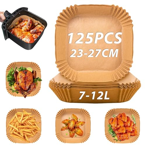 Sungoup Papel para Freidora de Aire 23-27 cm, 125 Piezas Impermeable a Prueba de Aceite, Cuadrado para 7 a 12 Litros Airfryer, Compatible con COSORI/Cecotec