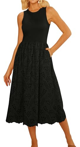 GRACE KARIN Strand-Sonntagskleider für Damen Ärmelloses Tankkleid Sommer Casual Empire-Taille Kleid Schwarz Midi Kleid Solid XL