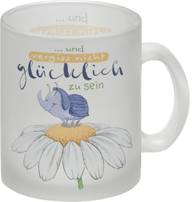 Käfer Glas Tasse mit Spruch und vergiss nicht glücklich zu sein Fröhlicher Cartoon-Style Naturmotiv Ideal für Geburtstag Motivation