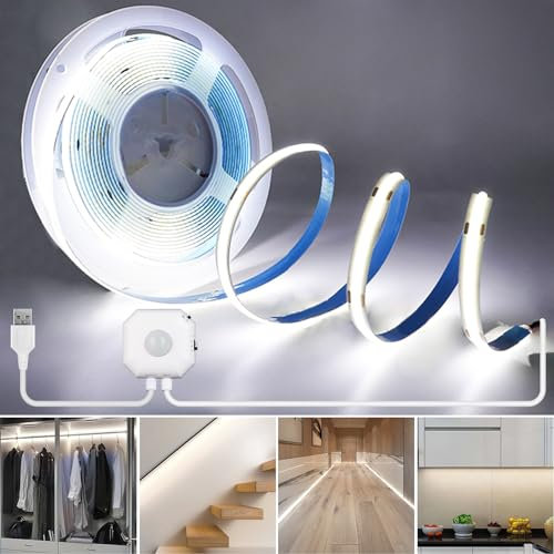 RYE Motion Sensor COB LED 5V USB Strip Light 3M 6000K Cold White,Day&Night Lighting Modes,with 4 Timed Off Modes, for DIY Lighting in Bedroom/Kitchen/Staircase/Corridor etc. Excluding Power Supply