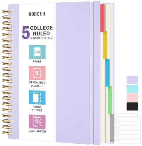 Notizbuch, Notizbuch A5 Liniert, Notizbücher Mit 5 Fächern Und Herausnehmbaren Trennblättern, 300 Blatt 100GSM Spiral Notizbuch Softcover Zum Schreiben, Für Arbeit Und Schulbedarf, 15.8 x 21.5cm, Lila