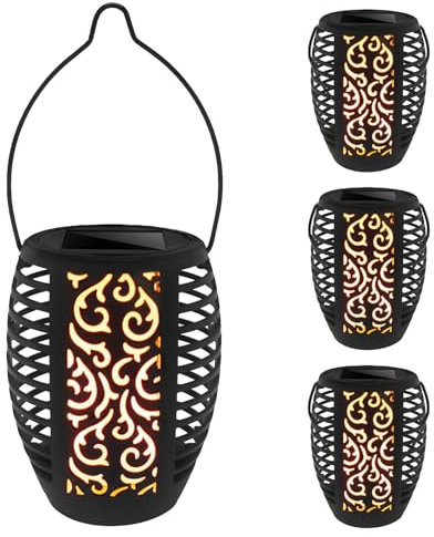 Lumiled 4x Set LED Solarlaterne Außen Solar Laternen Draußen Laterne flackernder Flamme Garten Solarleuchte Flammeneffekte IP44 schwarz Hängend Dekorative Gartenlampe Solarlampe Flammenlicht