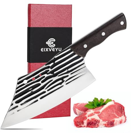 EIXVEYU Coltelli da Cucina,Forgiato Mannaia da Cucina Coltello da Carne Coltello da Chef Coltello Vichingo Coltello Cuoco Serbo Coltello da Macellaio Manico in Legno,Confezione Regalo