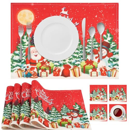 8pcs Christmas Placemats Sets, Christmas Table Mats and Coasters, Heat Proof Xmas Place Mats for Christmas Party Winter Holiday Wedding Dinner Table Decoration (Santa Claus)