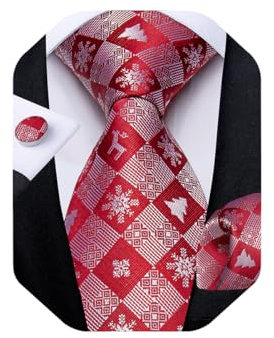 DiBanGu Mens Weihnachten Krawatte Set Lustige festliche Krawatte Gewebte Pocket Square Manschettenknöpfe Set mit Geschenkbox, Rot weiß Schneeflocke