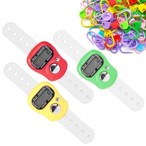 AQSQWQ 3 Pcs Electronic Finger Counter with 50-piece Knitting Positioning Mark Buckle, Hand Tally Counter Tally Lap Counter, Suitable for Weaving and Sports, Red, Yellow, Green