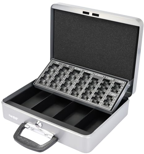 HMF 10016-09 Geldkassette abschließbar mit Münzzählbrett, Kasse mit Koffergriff | 30,5 x 24 x 8,5 cm | Silber