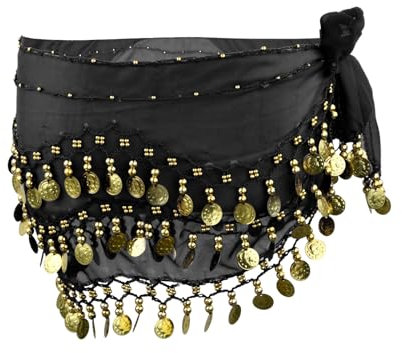 Damen Bauchtanz Gürtel, Professionelles Bauchtanz Kostüm Chiffon Hüfttuch mit 128 Goldene Münzen, Tanztuch Bauchtanz Rock (DE/NL/SE/PL, Alphanumerisch, Einheitsgröße, Regular, Regular, Schwarz)