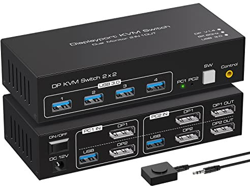 VPFET 4K120Hz Displayport KVM Switch 2 PC 2 Monitores 8K60Hz Dual Monitor DP 1.4 Conmutador for 2 Computers Share 4 USB 3.0 Devices with 2 USB 3.0 Cables and Desktop Controller
