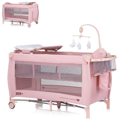 Chipolino Reisebett Bella 2 Ebenen seitlicher Eingang Musikmobile Wickelauflage, Farbe:pink