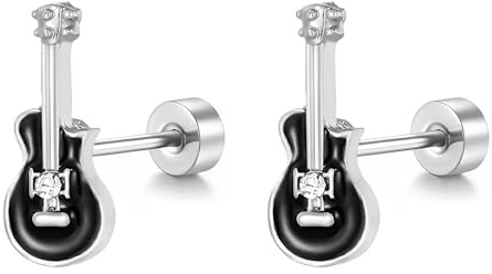 IMINI Orecchini a perno in acciaio inox smaltato nero a forma di chitarra da 20 g, per donne e uomini, con chiusura a vite, per cartilagine, trago, cartilagine, trago, ipoallergenici, per amanti della