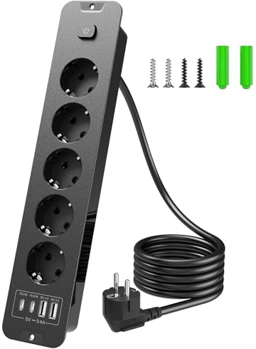 Inhwatek Multiprise Encastrable Plan de Travail, 5 Prises avec Interrupteur et USB (PD 20W), Multiprise 2m, Prise de Table pour Cuisine et Bureau, Parafoudre et Surtension, Noir