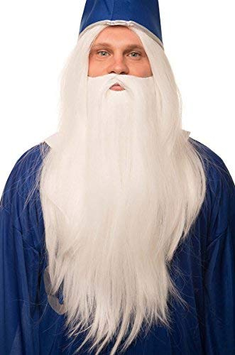 Zauberer Peruecke in weiß im Set mit weißem Bart fuer Herren & Damen Magier Hexer Gandalf Merlin Fasching Karneval