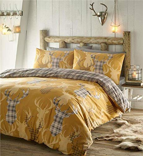 Homemaker Rustic stag duvet sets & tartan check quilt cover ochre mustard reversible bedding (Super King)