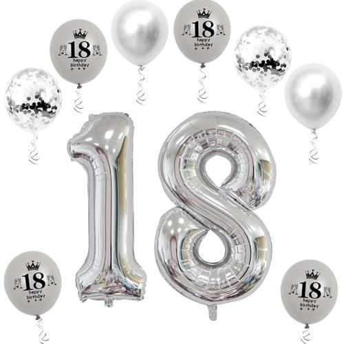 XL Folienballon 18 Geburtstag, Folienballon Zahl 18, Folienballon Zahl 18 Silber, Luftballons Zahl 18, Nummer 18 Luftballon Silber, Folienballon 32 Geburtstagsdeko Ballon Zahl 18