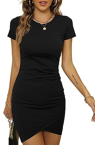 Laughido Mini Robe Fourreau Froncée Tshirt - Robe D'Été Décontractée À Manches Courtes Et Ajustée pour Femmes (Noir, Très Grand)