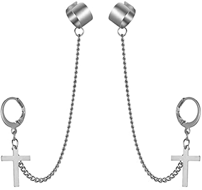 JewelryWe Schmuck Herren Damen Ohrringe Edelstahl Kreuz Kruzifix Creolen Ohrstecker Ohrclip Ohrklemme Ohrkette Hip-Hop Vatertag Geschenk Silber