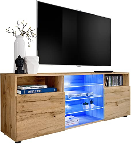ExtremeFurniture T38 TV Lowboard, Karkasse in Wotan Matt/Front in Wotan Matt mit LED in Blau