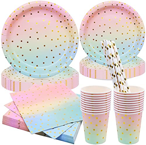 Vaisselle Jetable Anniversaire Fille, Multicolores Carton Assiette Vaisselles, Pastel Assiettes Arc en Ciel, Gobelets Pailles Serviettes en Papier Décoration pour Mariage Fete Baby Shower Noël