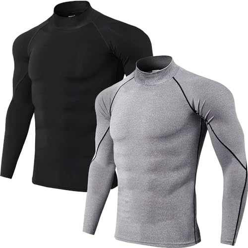 Herren (2er Pack) Kompression Langarm Stehkragen Wintersport Baselayer T-Shirts Tops Schwarz/Grau05-M