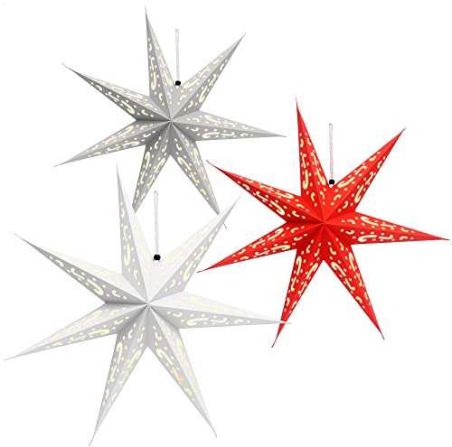 com-four® 3X Leuchtstern in 3D mit LEDs - Weihnachtsstern mit LED Beleuchtung und Timer - Premium Papierstern zum Aufhängen