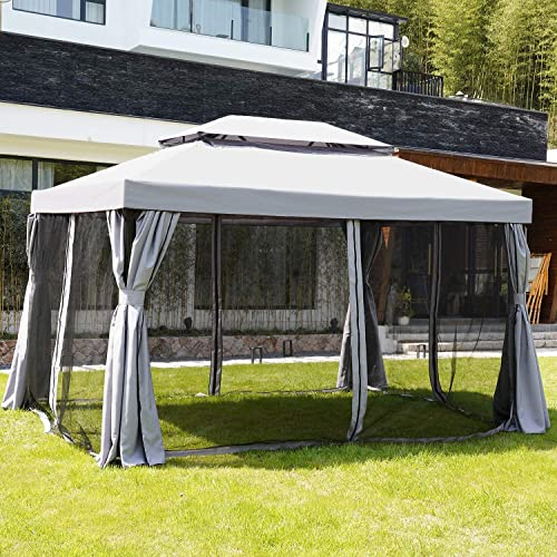 Grand patio Tonnelle d'extérieur robuste avec filet latéral et rideaux pour barbecue, événement, fête - Gris - 3 x 4 m