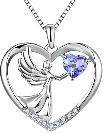 YL Engel Kette 925 Sterling Silber Dezember Geburtsstein Tansanit Schutzengel Flügel Anhänger Halskette für Damen, Kette 45 + 3CM