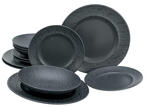 CreaTable, 33320, Serie Rondo SCHIEFER black, 12-teiliges Geschirrset, Teller Set aus Steinzeug, spülmaschinen- und mikrowellengeeignet, Made in Portugal