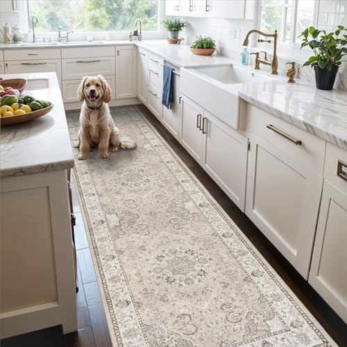 Hallway Washable Runner Rug - 2x10 Kitchen Rugs Entryway Rug Runner Vintage Soft Floor Mat Non Slip Indoor Farmhouse Carpet for Bathroom Living Room Bedroom (2 X 10, Beige)