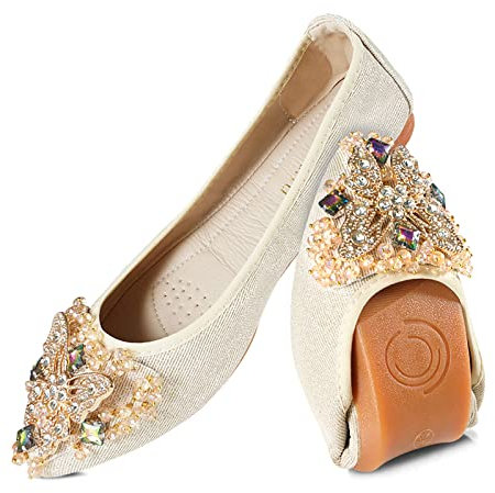 MACHSWON Womens Folding Pumps Roll up Wedding Dress Shoes Foldable Bling Ballet Flats with Beautiful Rhinestone Portable Ladies Slip On Loafers(Gold-1, Size 6)