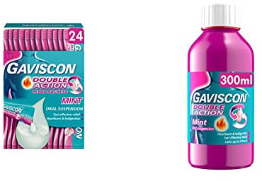 Gaviscon Double Action Heartburn & Indigestion Mint Flavour Sachets 24x10ml, 4 Hour Soothing Digestive Relief, Oral Suspension & Double Action Heartburn and Indigestion Liquid Mint Flavour, 300ml