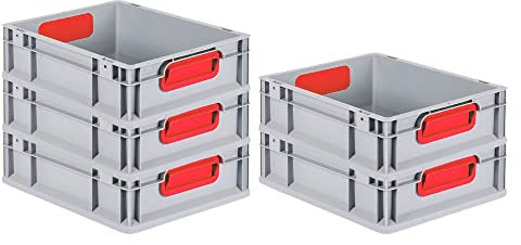 PROREGAL SuperSparSet 5x Eurobox NextGen Color | HxBxT 12x30x40cm | 11 Liter | Griffe rot geschlossen | Glatter Boden | Eurobehälter, Transportbox, Transportbehälter, Stapelbehälter