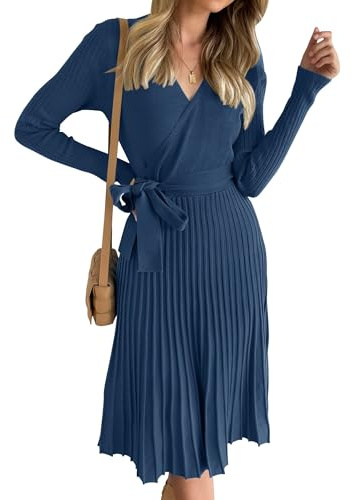 ZESICA Damenkleid, Langarm, Wickelkleid, V-Ausschnitt, Rippstrick, Plissee, A-Linie, Pulloverkleid mit Gürtel, für den Herbst