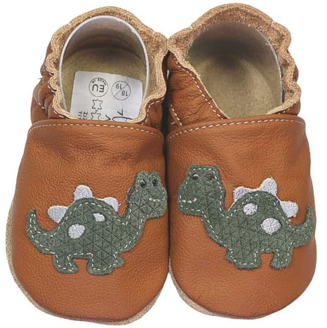 HOBEA-Germany Krabbelschuhe für Jungs und Mädchen in verschiedenen Designs, Kinderhausschuhe Jungen, Lederschuhe, Schuhgröße:20/21, Modell Schuhe: Dino braun