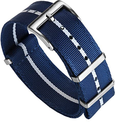 WatchGecko Schweizer Qualität Signature Military Nylon Uhrenarmband. Nylon-Herren-Ersatzarmband. Robustes, schnell trocknendes und sicheres Uhrenarmband für Outdoor-Aktivitäten. Blau & Weiß, 21 mm