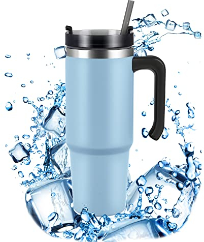 Cliplanyard Travel Mug, Stainless Steel Coffee Mug Tumbler with Straw and lid and Handle, Stainless Steel Coffee Cup Leak Proof Vacuum Insulated Water Bottle for Cold and Hot Drinks (30oz-Blue)