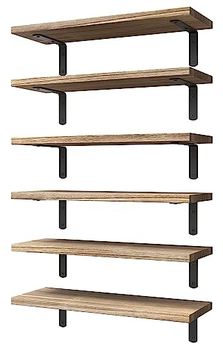 WOPITUES Wood Floating Shelves Set of 6, Shelves for Wall Decor, Farmhouse Shelf for Bedroom, Bathroom Storage Shelves, Book Shelves for Living Room - Rustic Brown