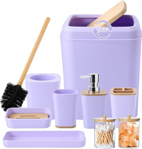 Purple Bathroom Accessories Set, 9 Piece Purple Bathroom Accessory Set with Trash Can,Toothbrush Holder,Toothbrush Cup,Lotion Soap Dispenser,Vanity Tray,Soap Dish,Toilet Brush,Qtip Holder