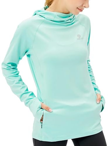 HDTIYUYP Womens Long-Sleeve Running Tops - Ladies Thermal Sports Hoodie with Zip Pocket Fitness Shirts UV Hiking T-Shirt Outdoor Sports Hoodie with Thumb Hole Lt.Blue L