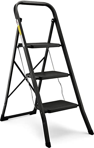HBTower Escabeau 3 Marches Pliable, Escabeau Fait en Acier Alliage, Marches Antidérapantes, Épaisseur Pliée 4,5 cm, Charge 150 kg, sans Montage – pour Cuisine, Garage & Bureau