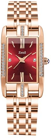 RORIOS Women’s Rectangle Wrist Watch Rose Gold Stainless Steel Wristwatch Ladies Analogue Quartz Watch Fashion Diamond Watch Minimalist Waterproof Watch Red