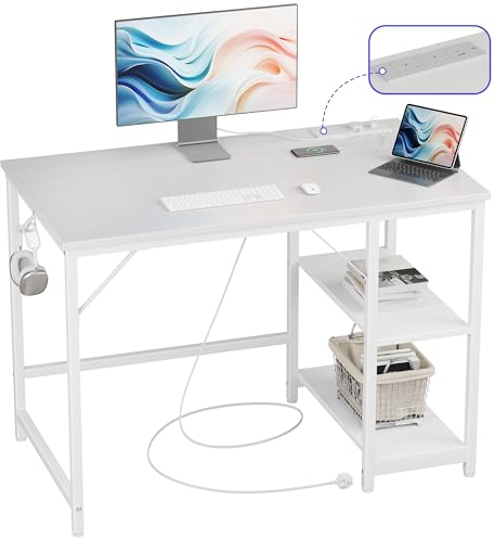 JOISCOPE Computer Desk, 100cm Office Desk With Power Outlets, USB & Type-C and 2 Shelves, Modern White Table With Hook for Writing, Study, Bedroom Home Office