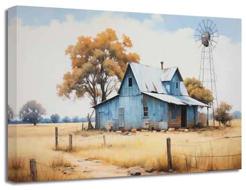 LZIMU Scheunenbild Bauernhaus Leinwand Bilder Bauernhof blaugrün alte Scheune Windmühlen Gemälde Drucke Vintage rustikales Landhausdekor Gerahmt (Bild-1, (30.00 x 45.00 cms))