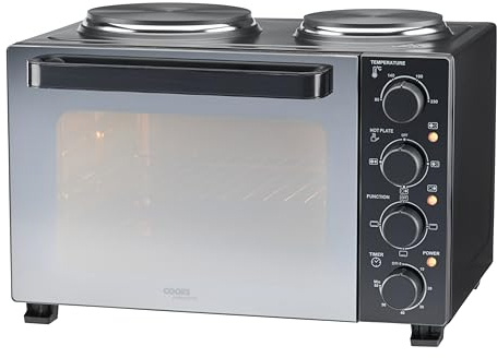 Cooks Professional Mini Portable Oven with Hobs | Energy Efficient Electric Countertop Cooker with Two Hot Plate Hobs & Wire Rack Baking Tray | Kitchen Grill Ovens | 28L Capacity | Black…