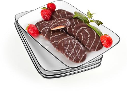 YKUKIZEE 4 PCS 8 inch Ceramic Oblong White Dinner Plates with Black Trim, White Rectangle Dessert Plate, 20 cm Small Oblong Porcelain Side Dishes Serving Plates for Buffets Appetizers Sushi Cake Salad