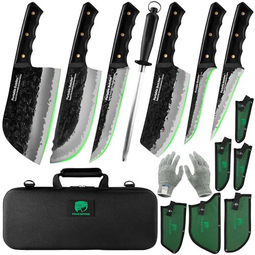 Portable Butcher Lot de 15 couteaux japonais de cuisiner/boucher - Hachette à viande forgée à la main en acier au carbone avec boîte à couteaux pour la cuisine, le camping