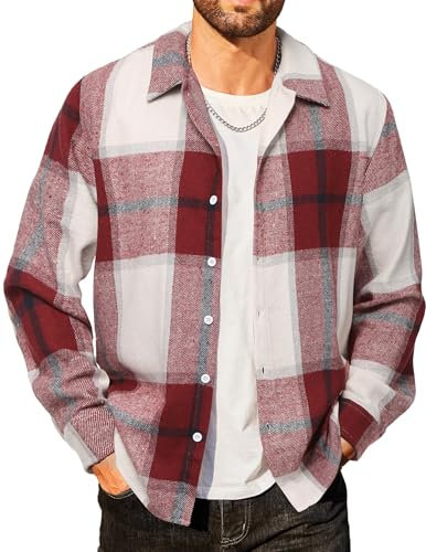 COOFANDY Chemise en flanelle à carreaux pour homme - Manches longues - Décontractée - Boutonnée - Coupe normale - Costume traditionnel - Chemise de bûcheron, Rouge et blanc., L