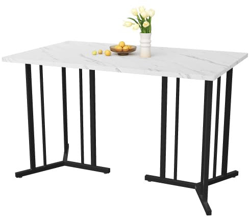Merax Rechteckiger Esstisch 140x80cm Küchentisch, Marmormuster, verstellbaren Füßen, Einzigartige Metallrahmen, für 4-6 Personen, geeignet für Restaurant, Wohnzimmer, Küche,Wohnzimmer, Weiß/Schwarz
